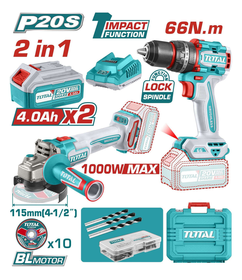 SET Aku ugaona brusilica 115mm i aku udarna bušilica 2x bat 4AH + 1 punjač 2AH