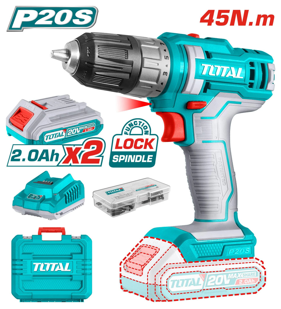 SET Li-ion akumulatorska bušilica 45Nm, 2 baterije x 2.0Ah, punjač -TOTAL TDLI200528