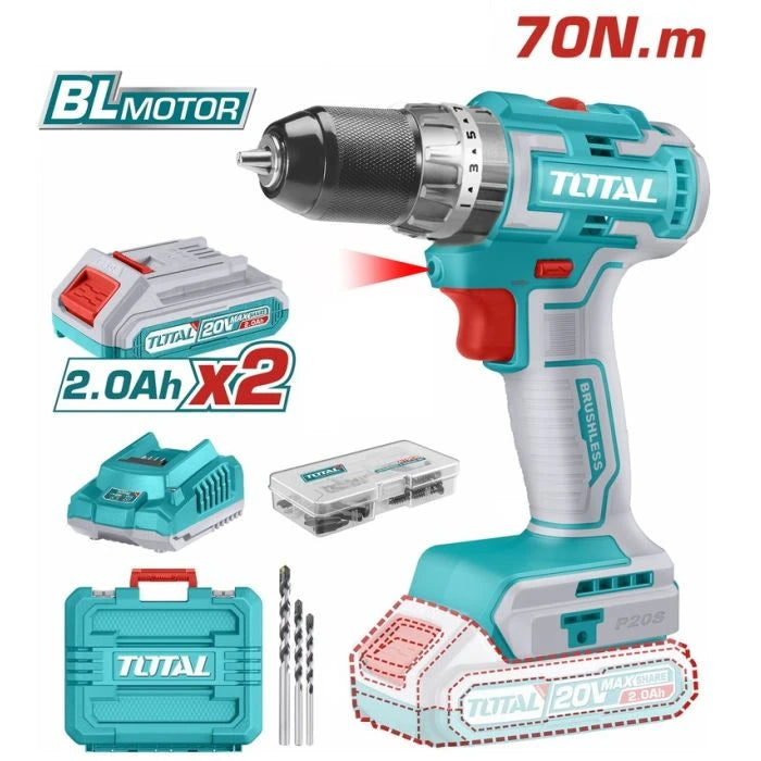 SET Li-ion akumulatorska bušilica metalni futer 70Nm, 2 baterije x 2,0Ah, punjač TOTAL TIDLI20605